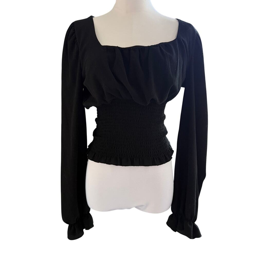 Black Milkmaid Peasant Long Puff Sleeve Blouse Medium Smocked Waist Coquette